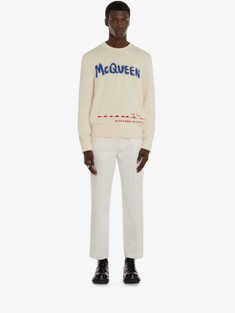 Mcqueen Graffiti Crew Neck Jumper in Ivory/blue - 2