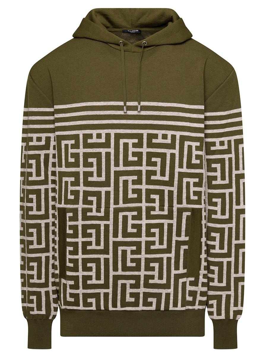 BALMAIN MILITARY GREEN HOODIE WITH MONOGRAM AND STRIPES IN WOOL AND LINEN MAN - 1