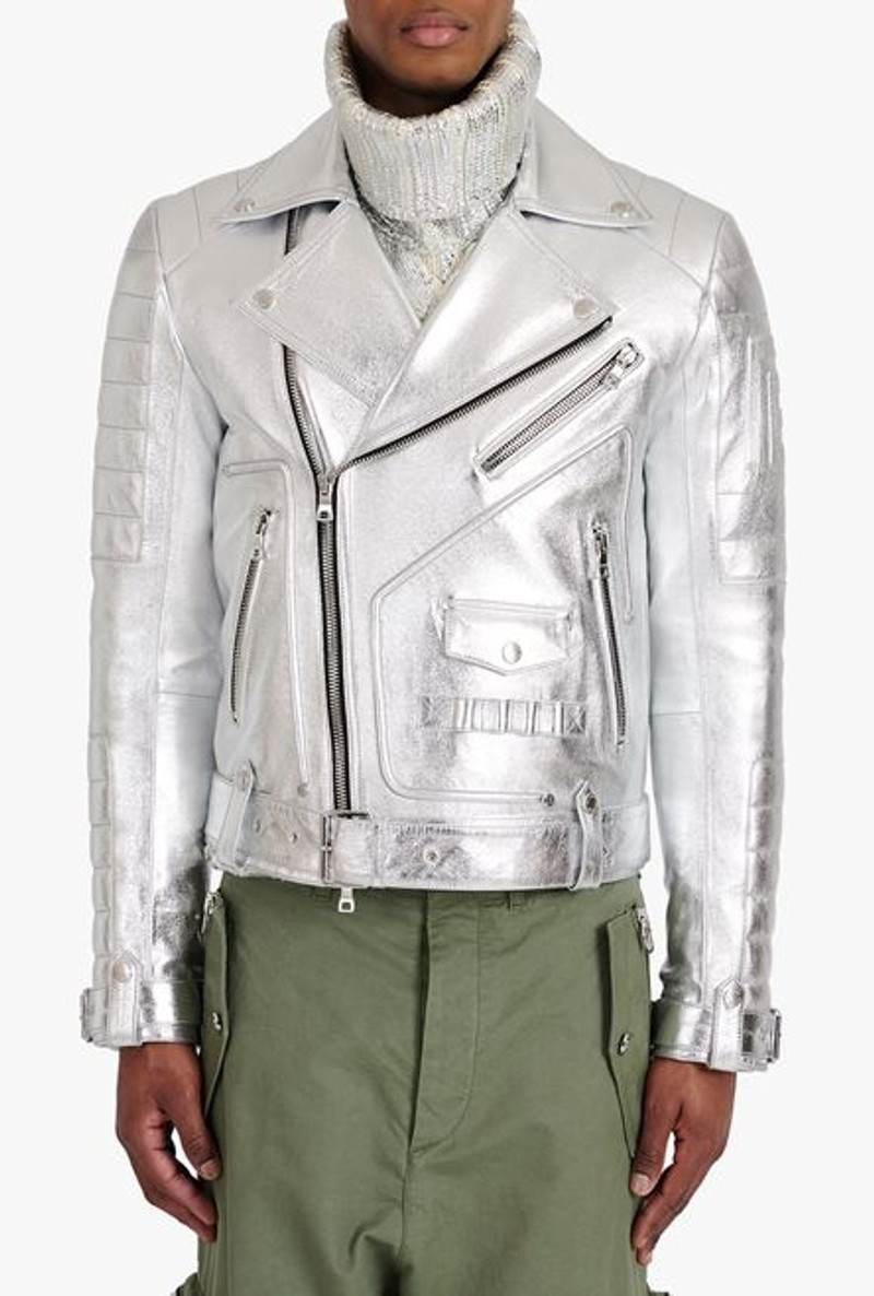 Silvery quilted leather biker jacket 6