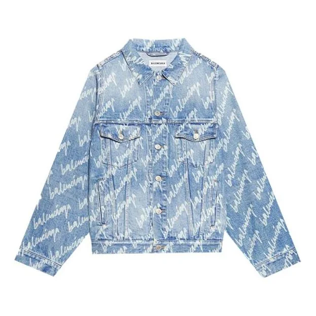 Balenciaga Allover Script Logo Denim Jacket 'Light Blue White' 681690TJW904200 - 1