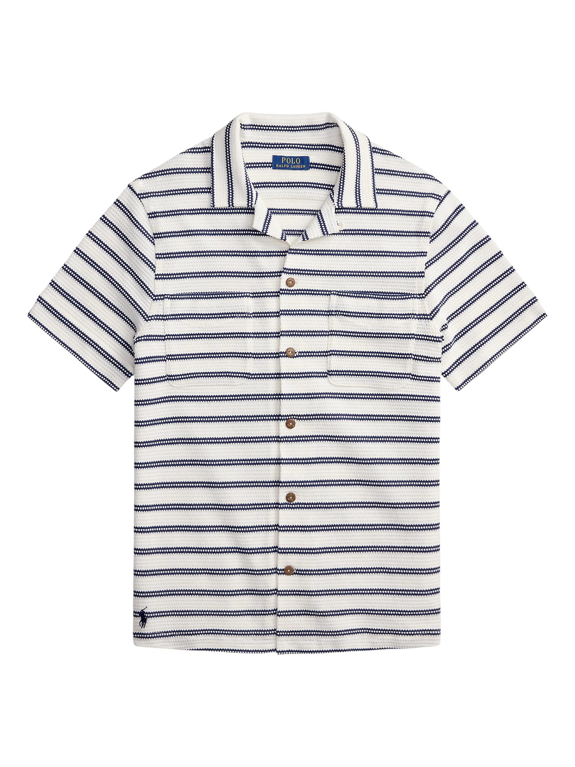 Men's Striped Cotton-Blend Camp Shirt - Pale Cream Newport Navy - 1