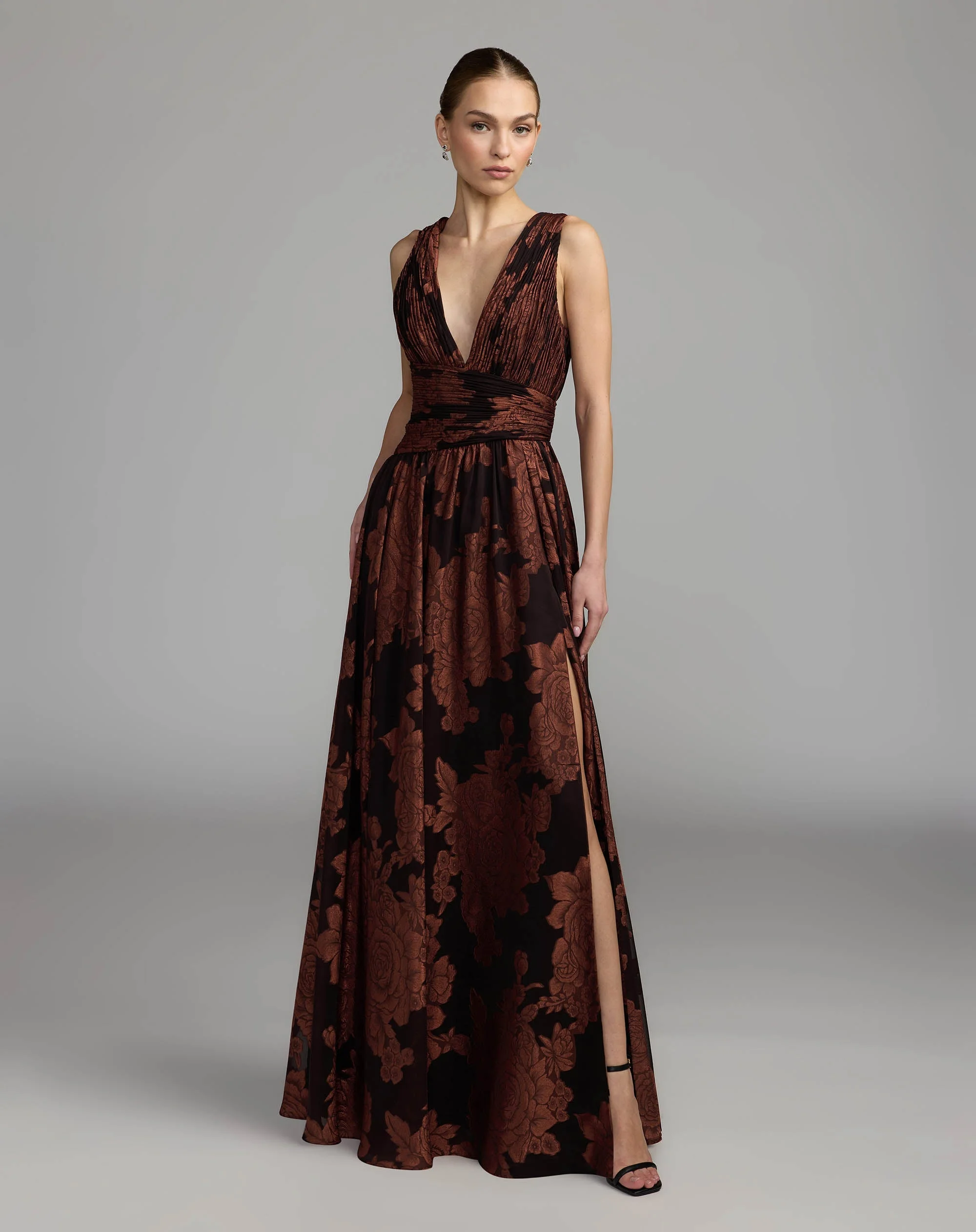 Spice Multi Floral Sleeveless Plunge Neck Gown - 1