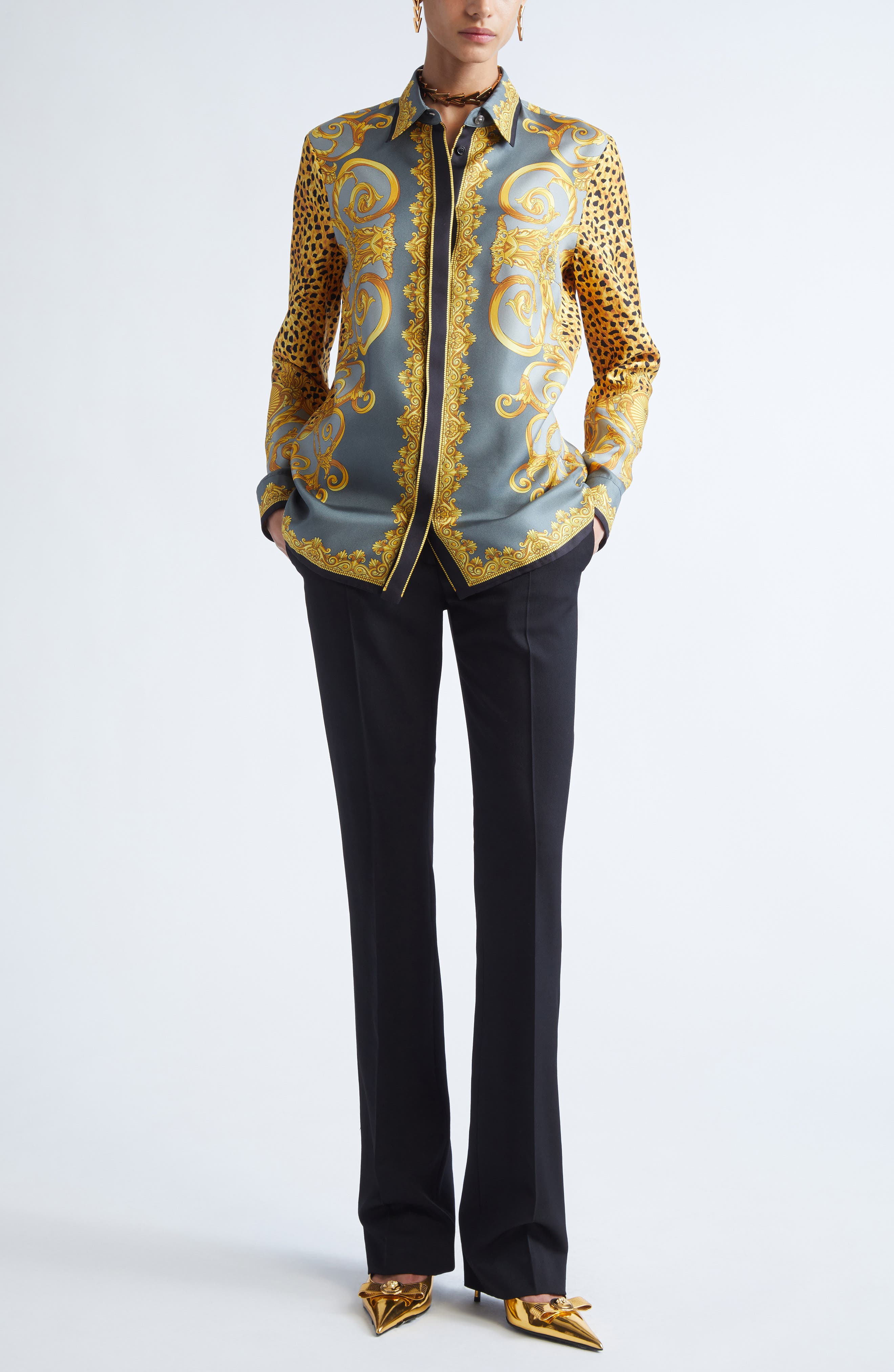 Versace Formal Cheetah Barocco Print Silk Button-Up Shirt in Light Grey Elephant Grey at Nordstrom - 2
