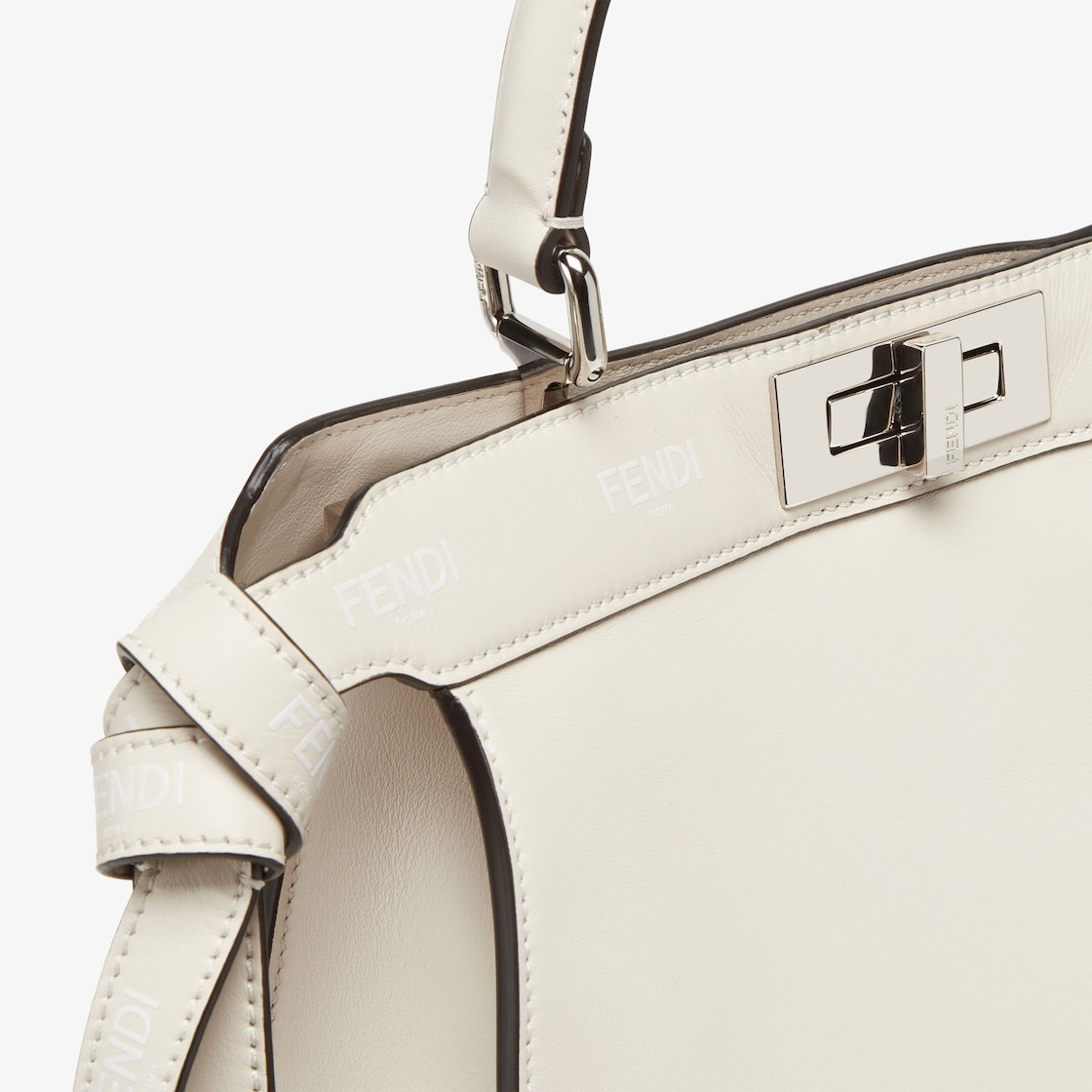 Iconic medium Peekaboo ISeeU bag, made of off-white leather with long knotted side laces, printed wi - 7