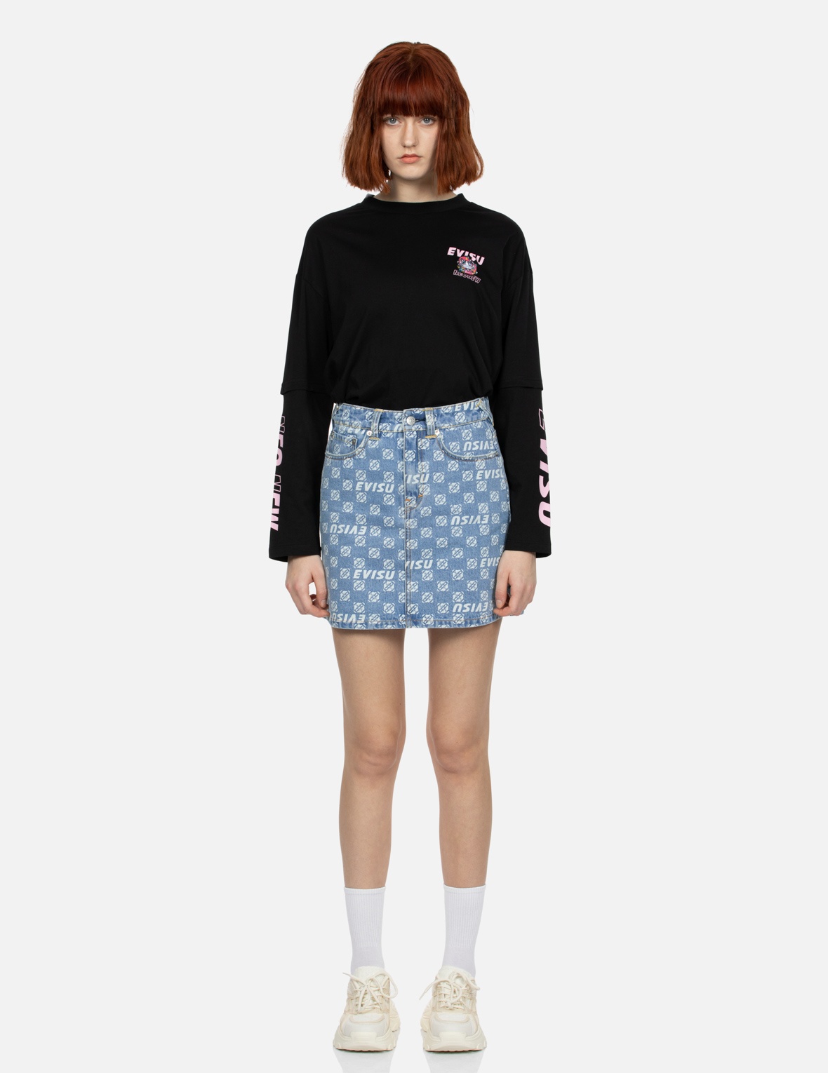 ALLOVER LOGO AND KAMON PRINT RELAX FIT DENIM SKIRT - 6