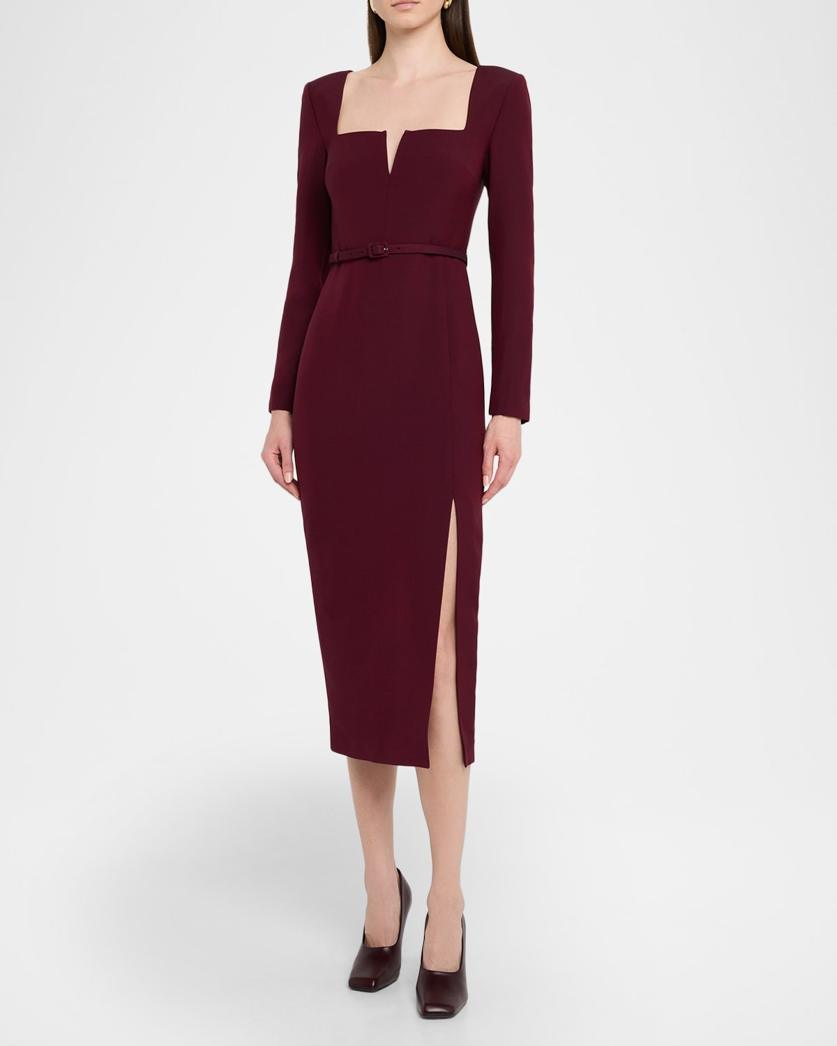 Long-Sleeve Belted Wool-Silk Midi Dress - 4
