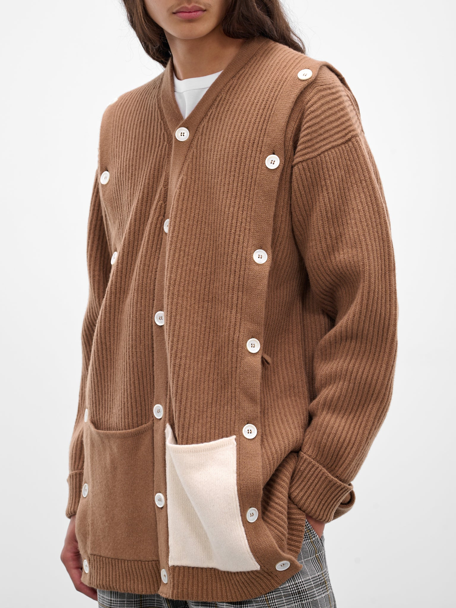 Beige Cashmere Rib-Knit Buttoned Cardigan - 5