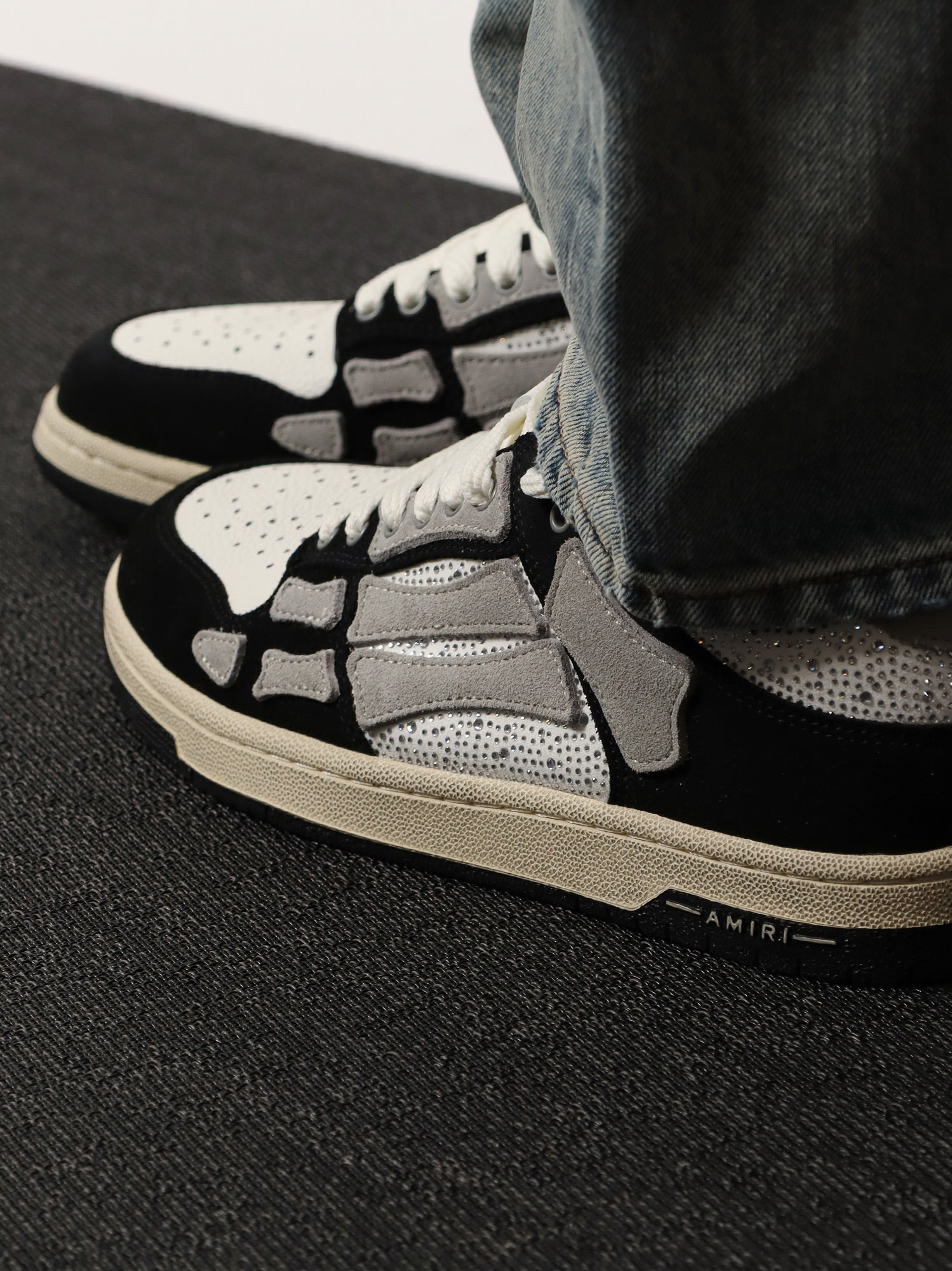 Amiri Crystal Skel Top Low Leather And Suede Sneakers With Rhinestones Detail - 2
