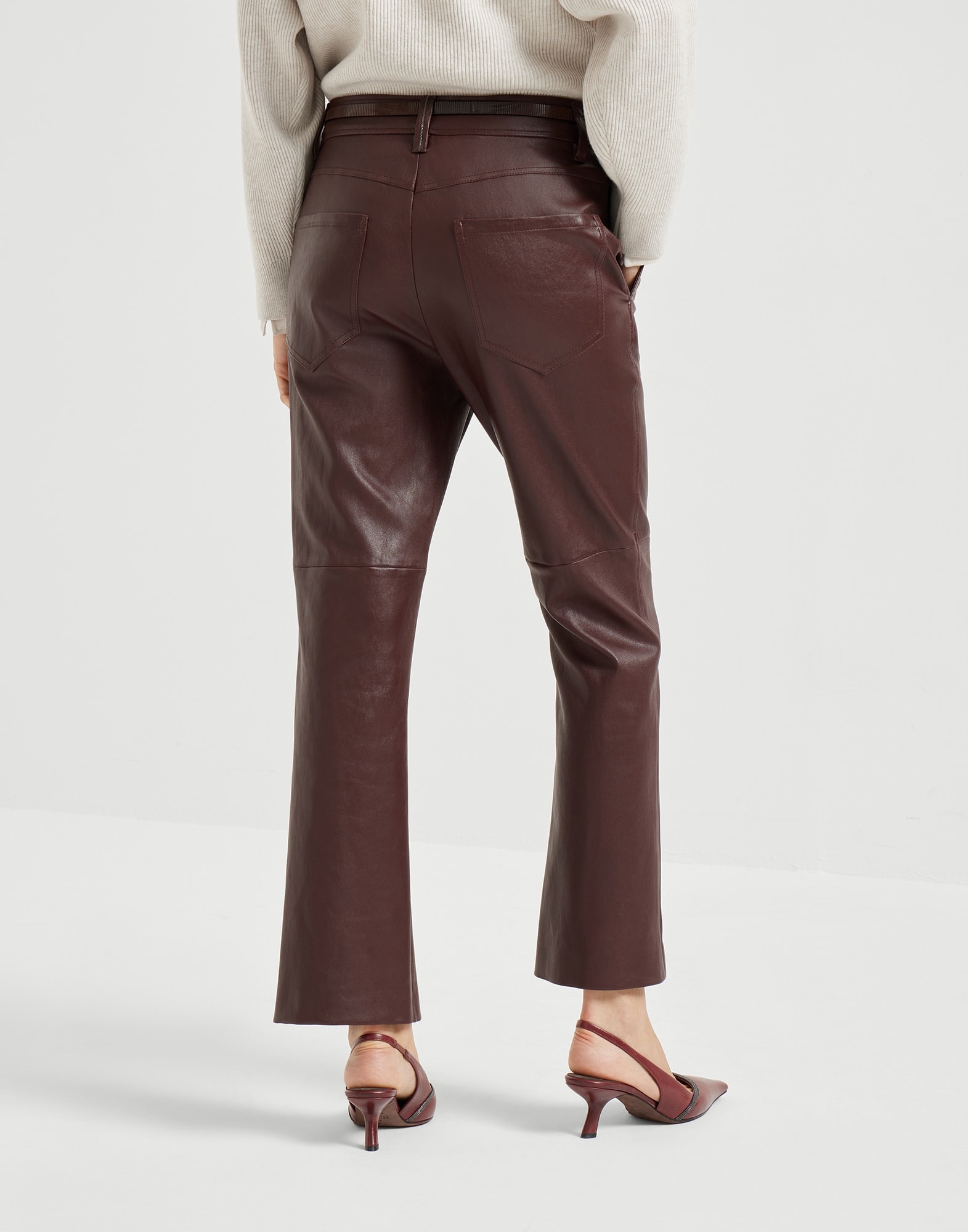Stretch nappa leather square cigarette trousers with monili - 2