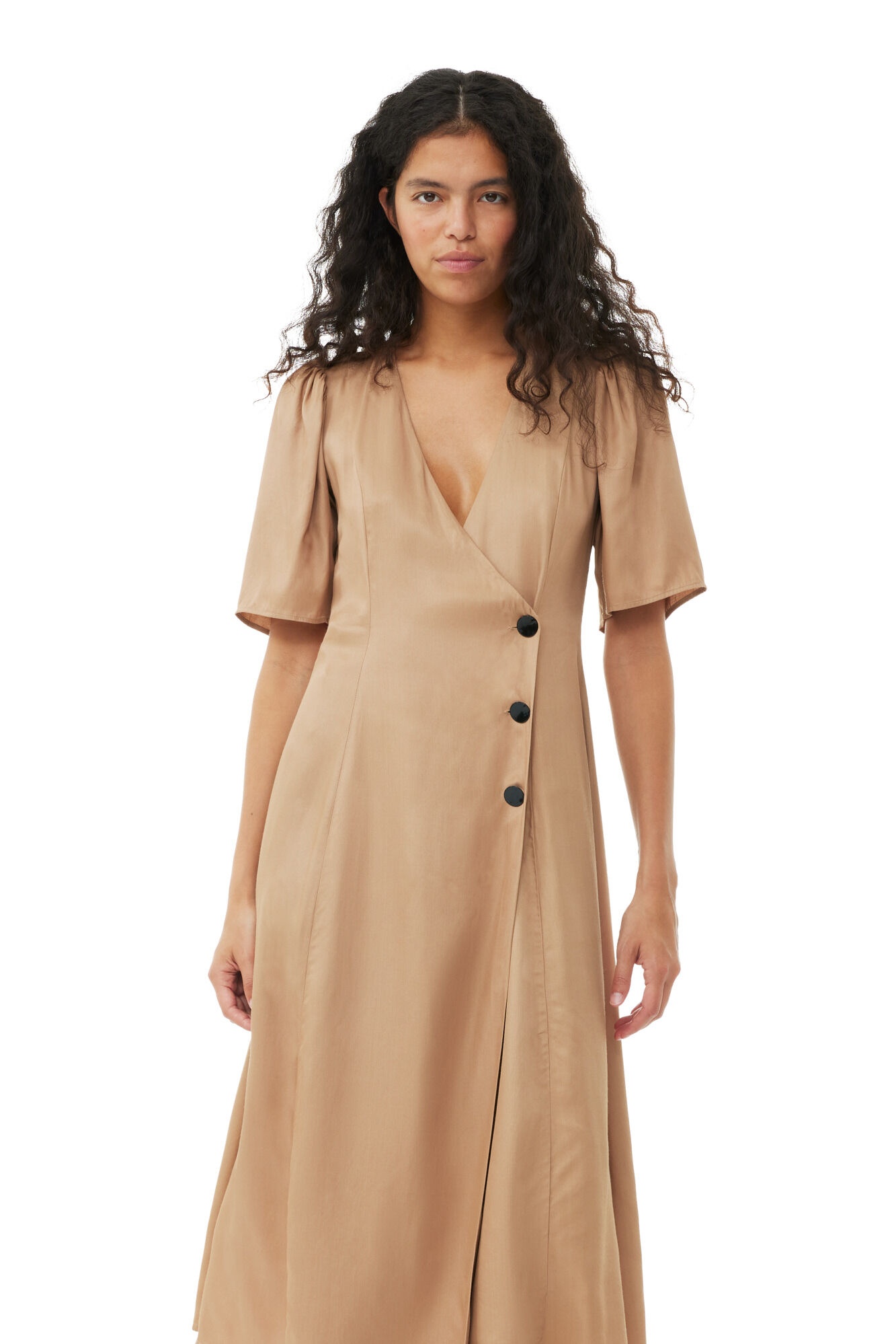 BROWN VISCOSE TWILL WRAP MIDI DRESS - 3