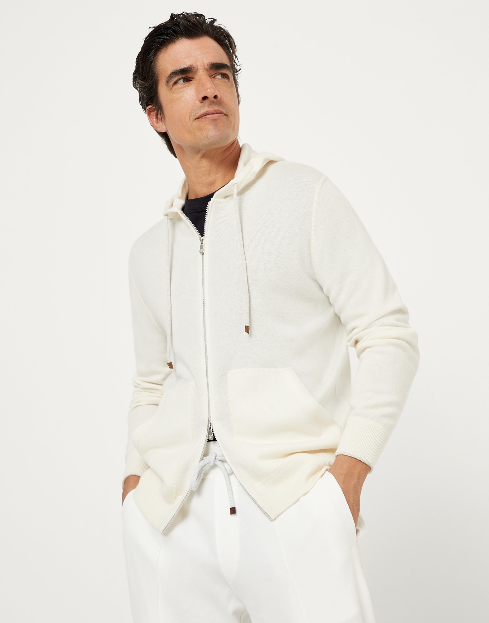 Cashmere sweatshirt-style cardigan with hood - 1