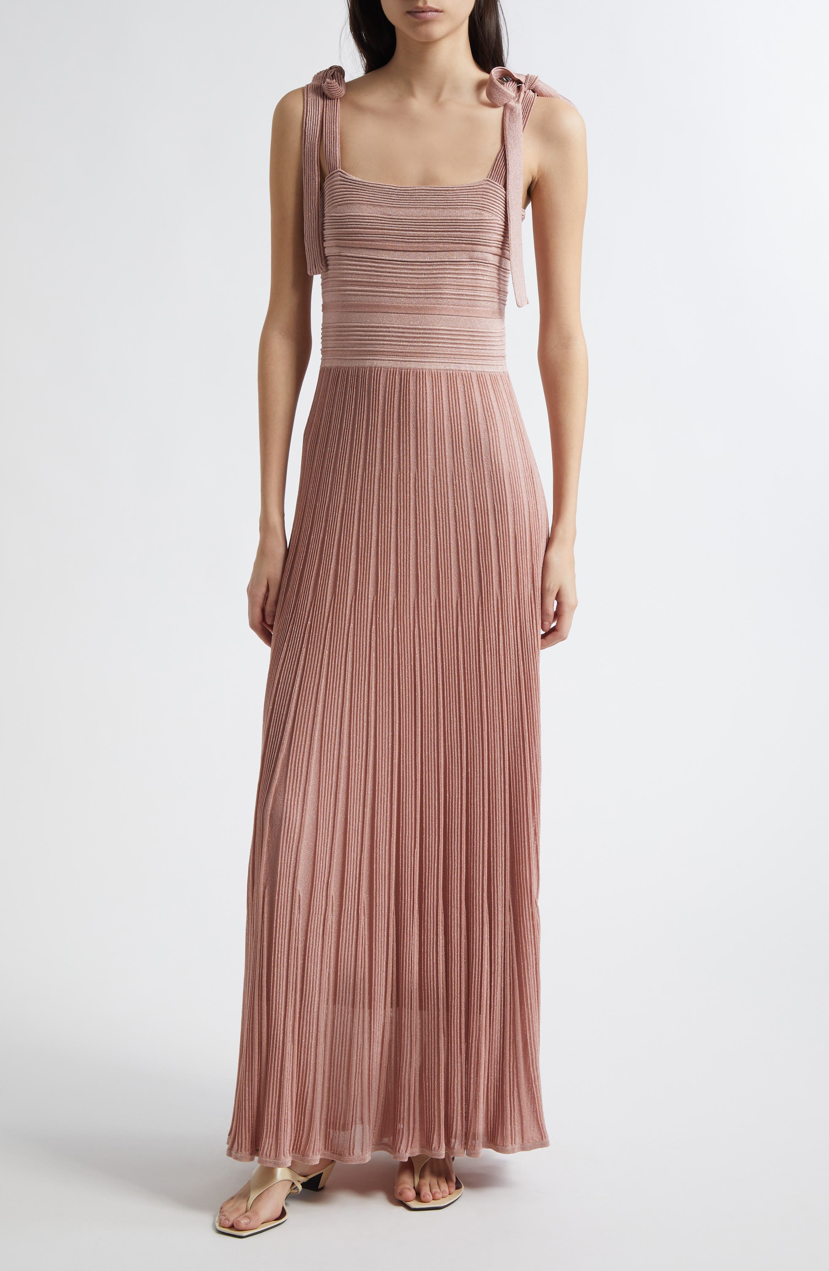 Zimmermann Lucky Tie Shoulder Metallic Rib Maxi Dress in Metallic Pink at Nordstrom - 1