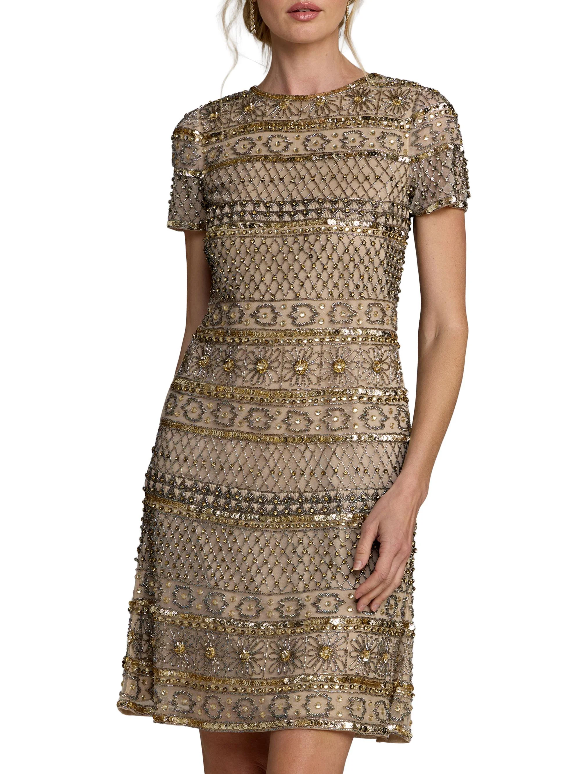 Women's Embellished Short-Sleeve Minidress - Beige Gold - 1