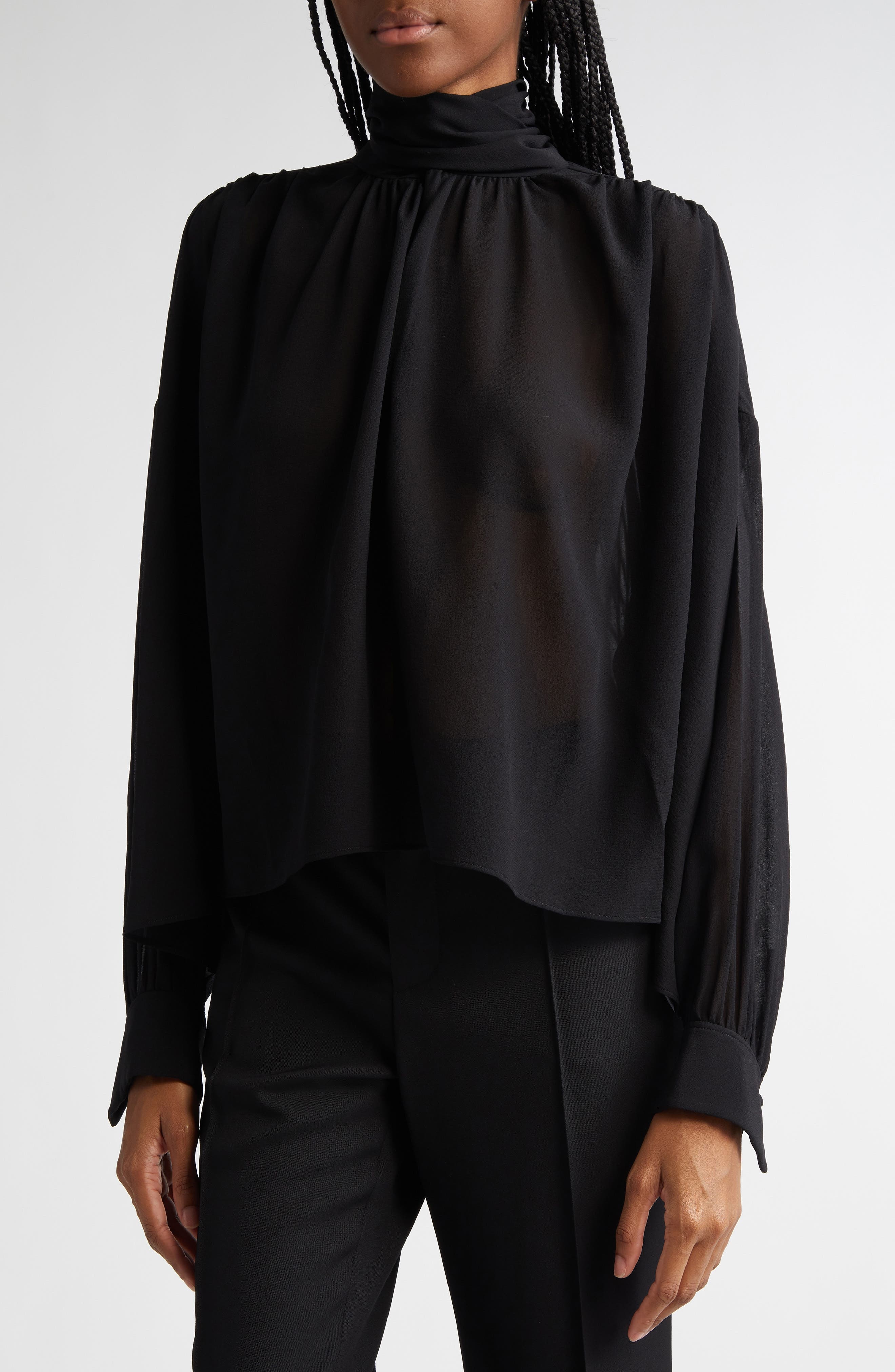 Chloé Draped Semisheer Silk Georgette Tie Neck Top in Black at Nordstrom - 5