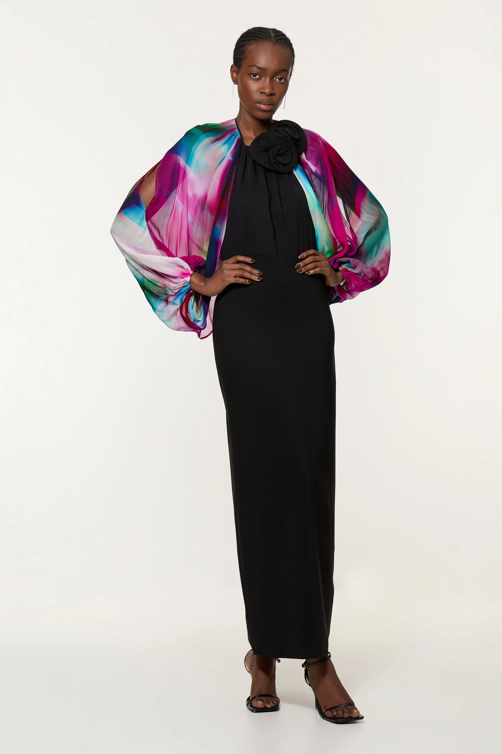 Printed Viscose Cady Cold Shoulder Maxi Dress With Viscose Georgette Cowl Back - 1