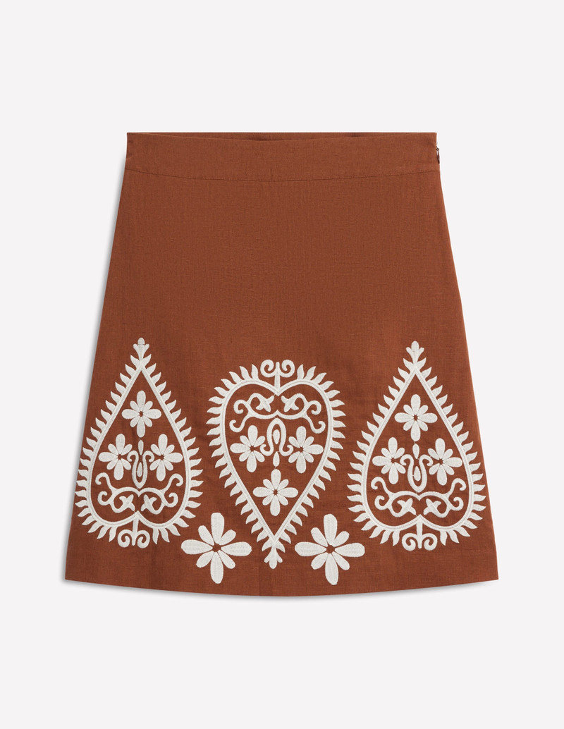 Embroidered Linen Skirt-Russet 1