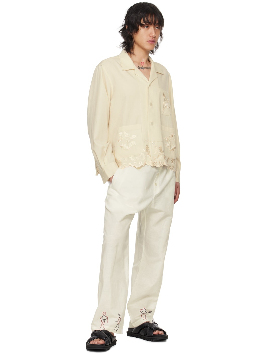 White Embroidered Blackjack Trousers - 4