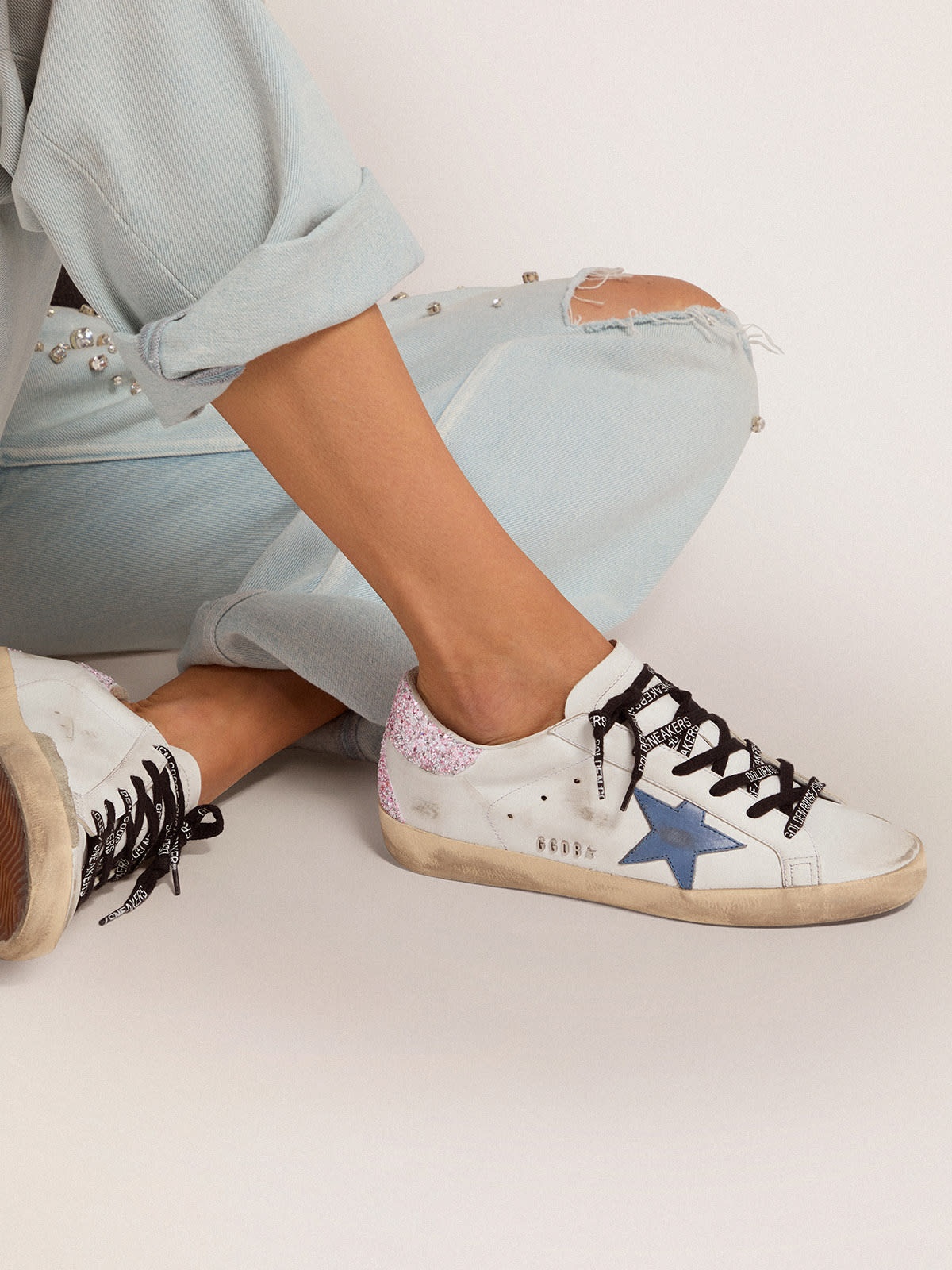 Golden Goose Super-Star sneakers with blue leather star and glitter heel tab  | REVERSIBLE