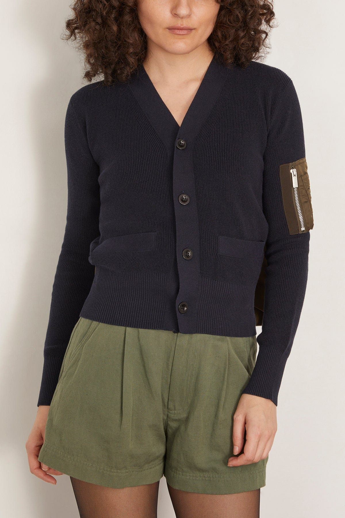 Nylon Twill Cotton Knit Cardigan in Navy/Dark Khaki - 3