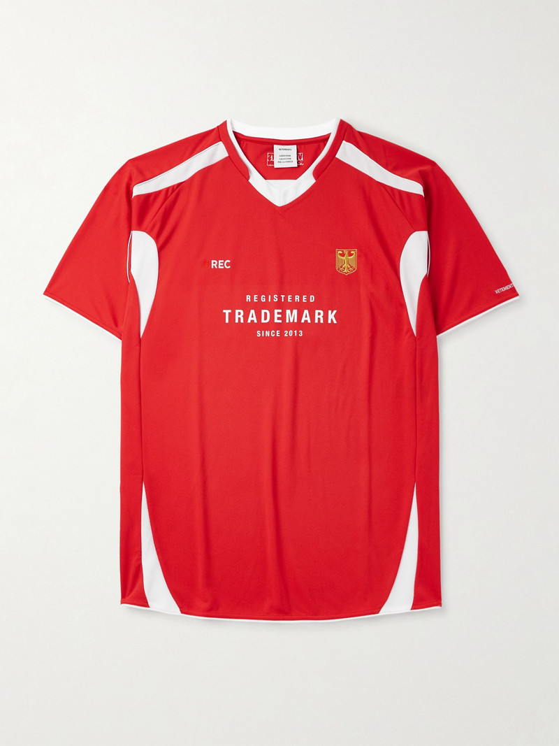 Printed Embroidered Panelled Cotton-Mesh T-Shirt Red 1
