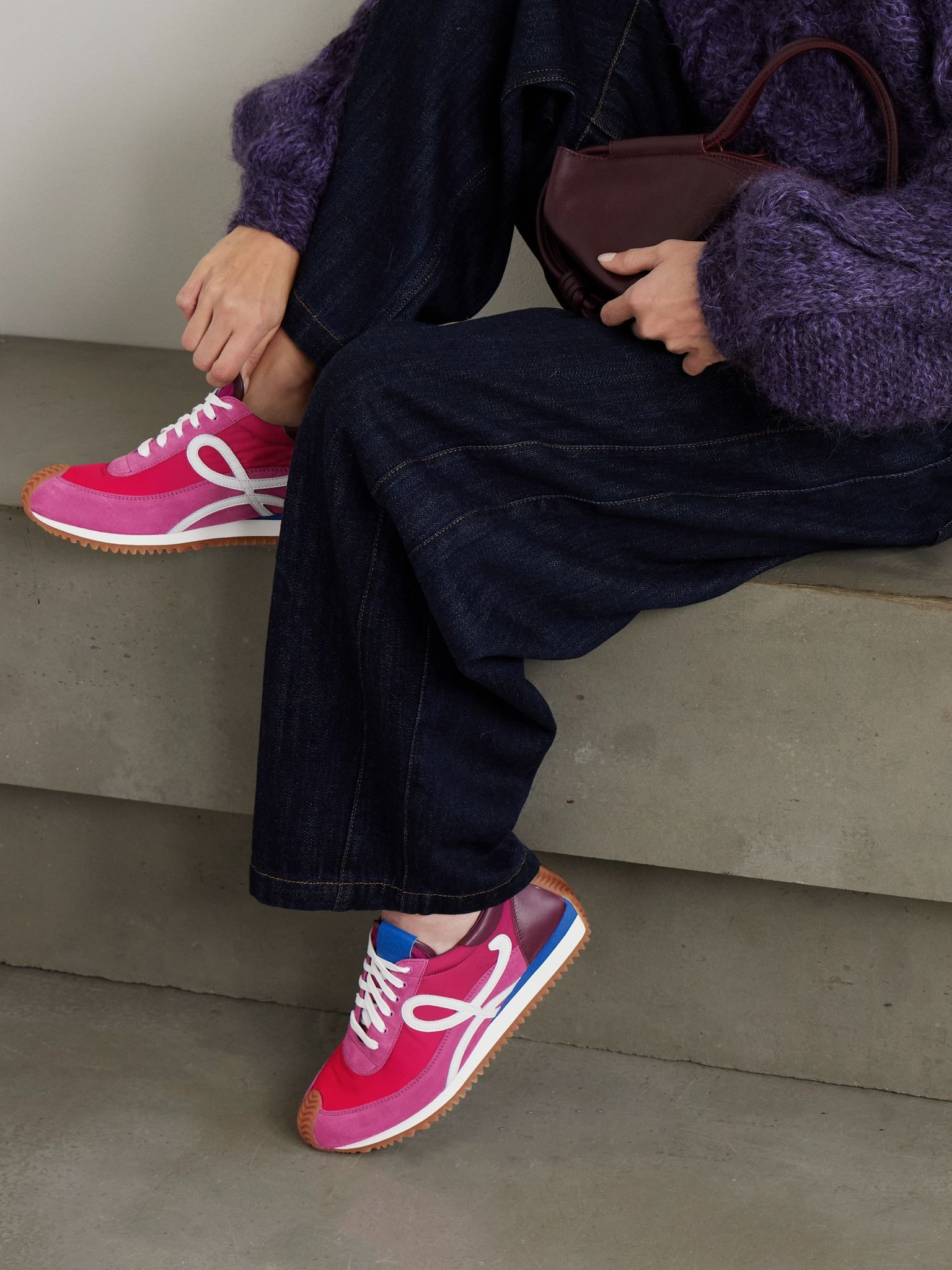 Flow Runner 2.0 leather-trimmed shell and suede sneakers Bright pink - 2