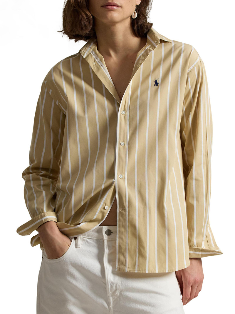 Women's Striped Cotton Button-Front Shirt - Polo Tan White 3