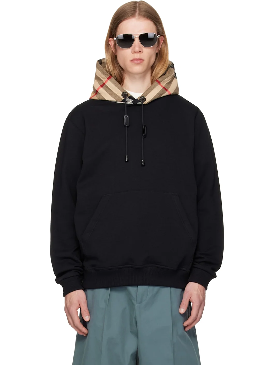 Black Check Hood Cotton Hoodie - 1