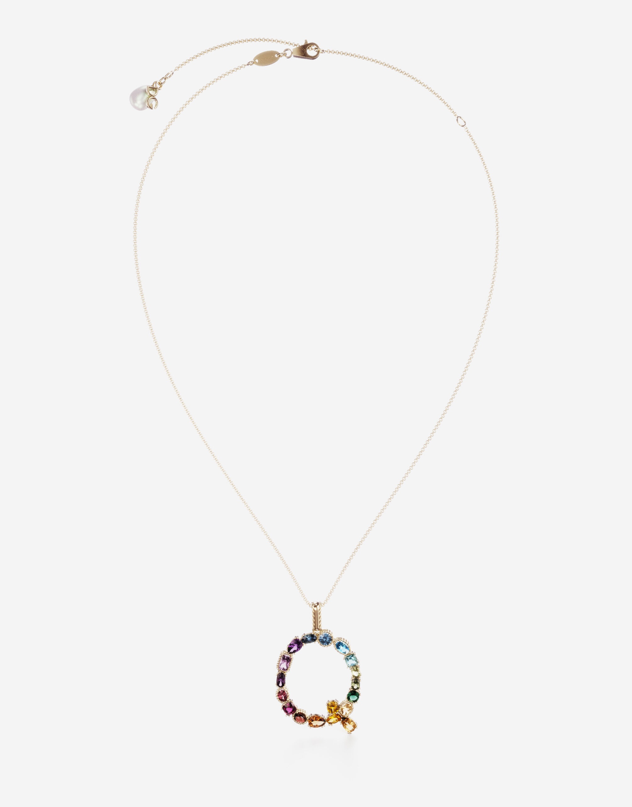 Rainbow alphabet Q pendant in yellow gold with multicolor fine gems - 1