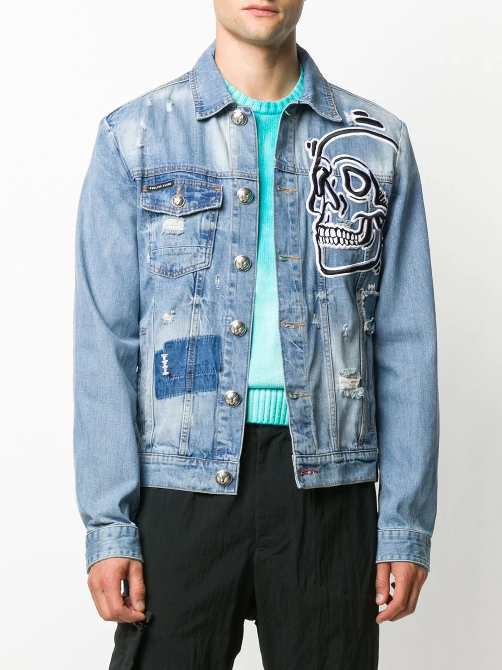 embroidered skull denim jacket  - 2