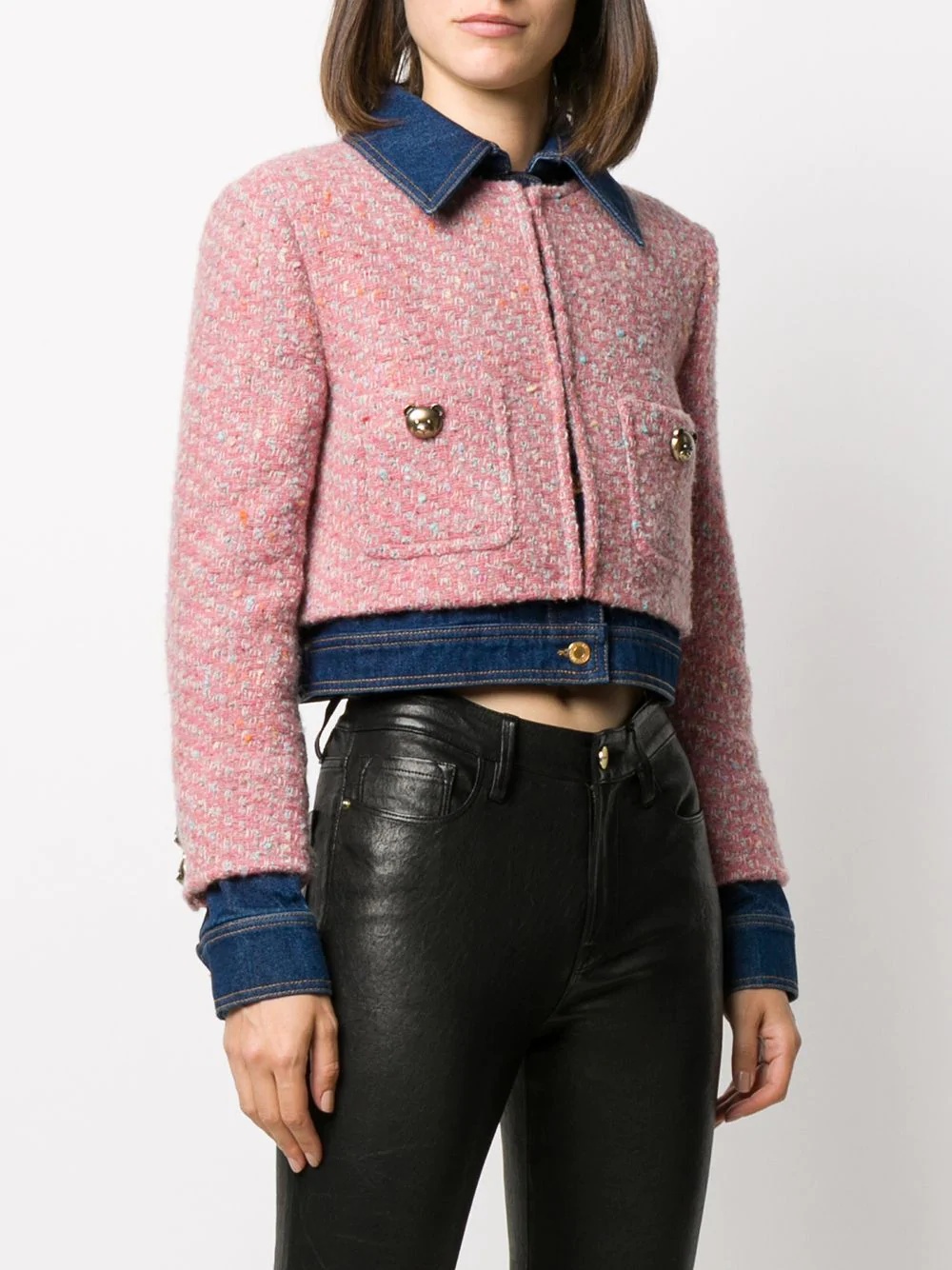 tweed-overlay denim jacket - 3