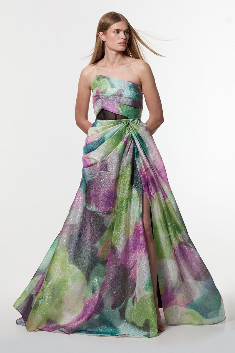 Digital Ophelia Printed Organza Fishtail Corset Maxi Dress 1