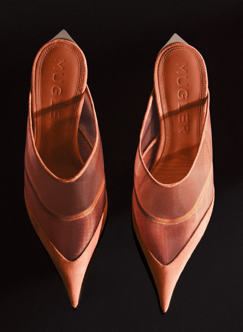 MUGLER Cinnamon mesh Fang 95 mules outlook