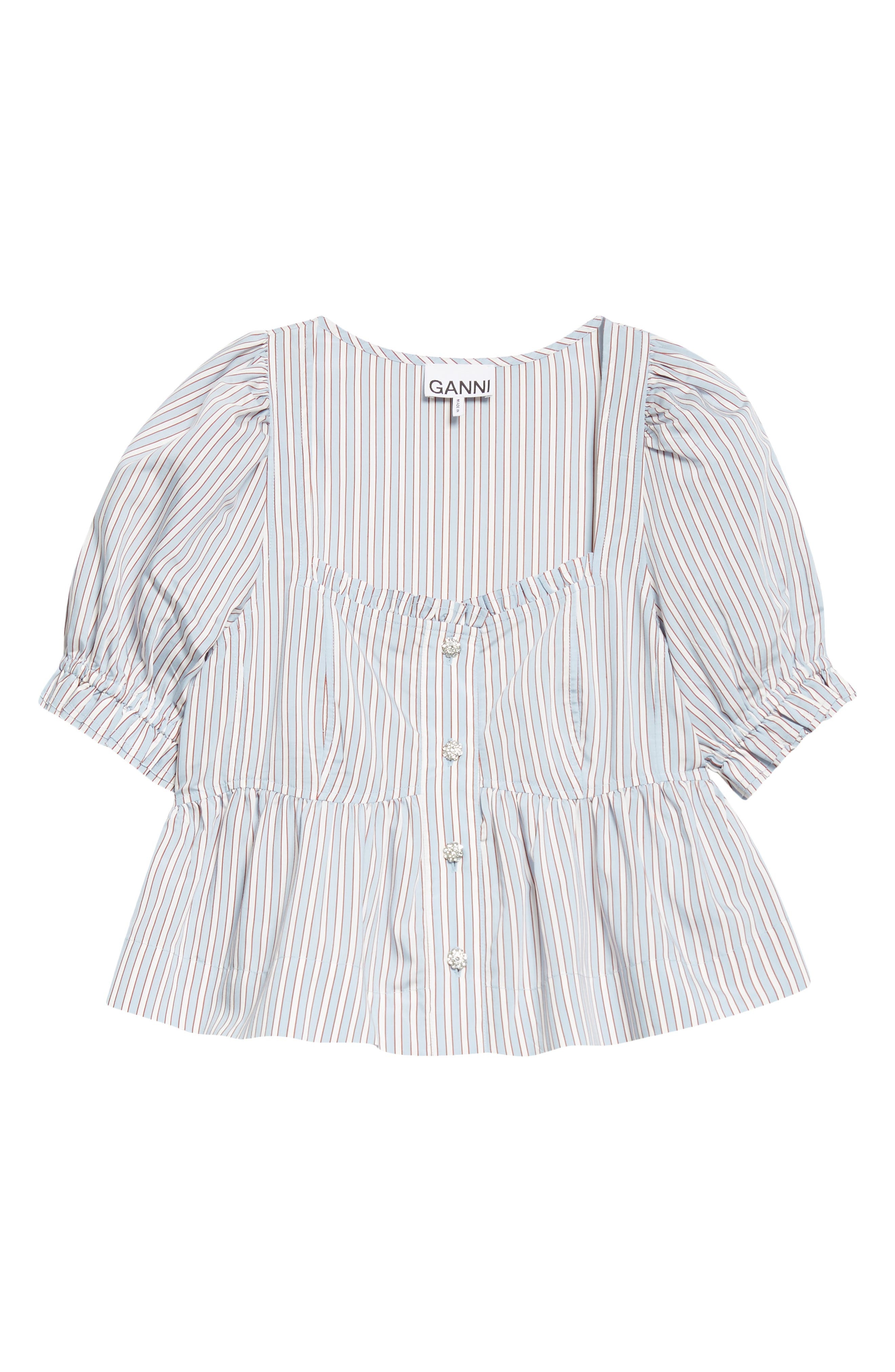 Ganni Yarn Dye Flounce Puff Sleeve Top in Soft Chambray at Nordstrom - 5