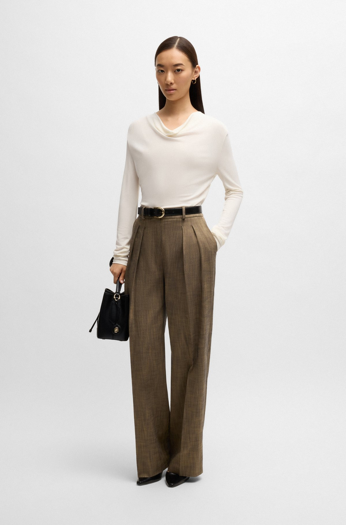 LONG-SLEEVED TOP IN STRETCH CREPE WITH COWL NECKLINE - 3
