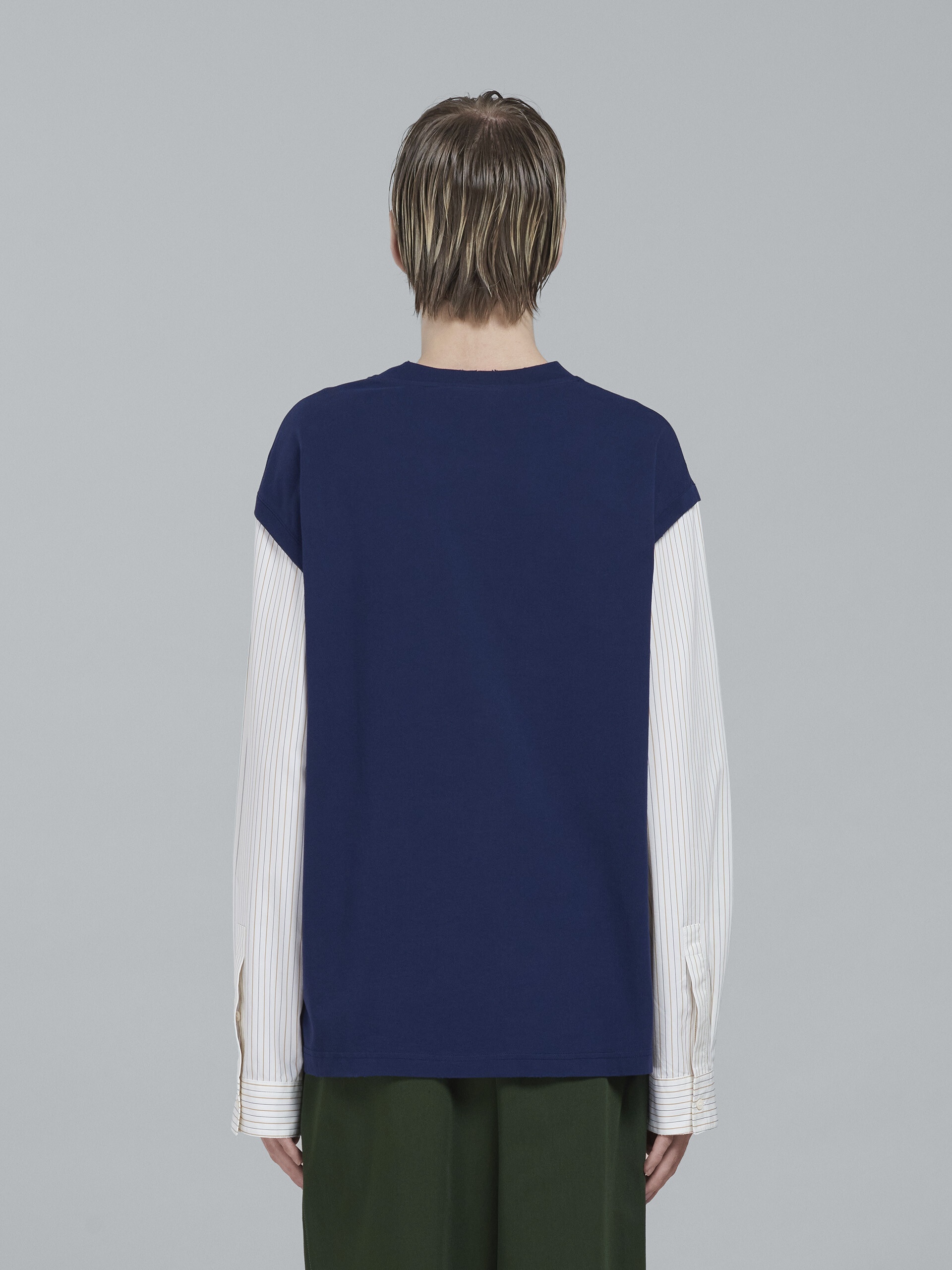 BLUE JERSEY T-SHIRT WITH STRIPED POPLIN SLEEVES - 3