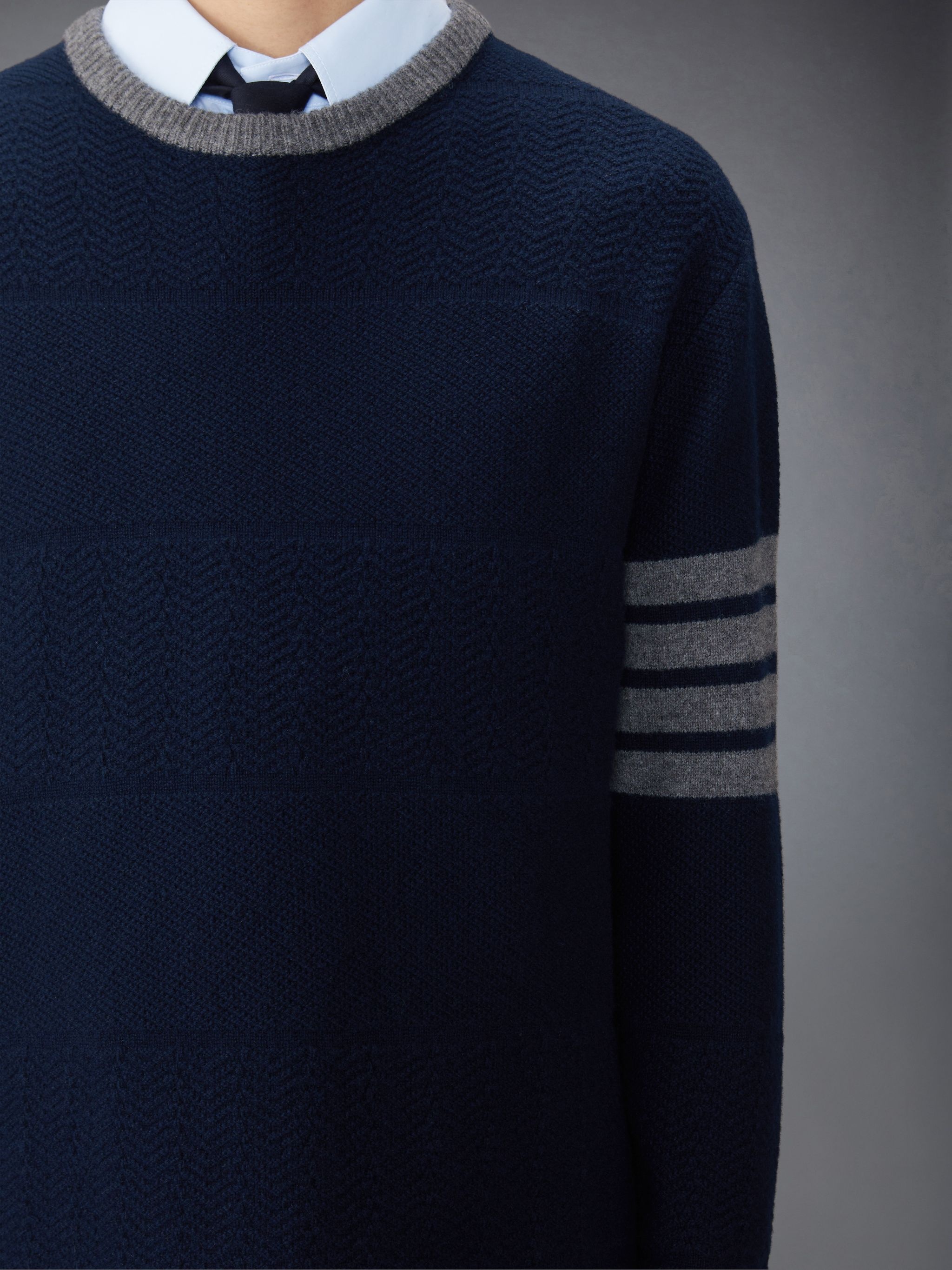 Merino Wool 4-Bar Textured Rugby Stripe Crew Neck Pullover - 5