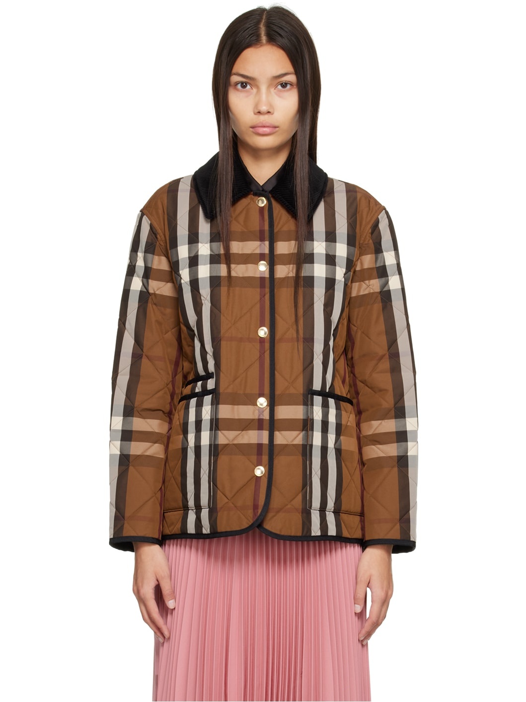 Brown Check Diamond Quilted Jacket - 1