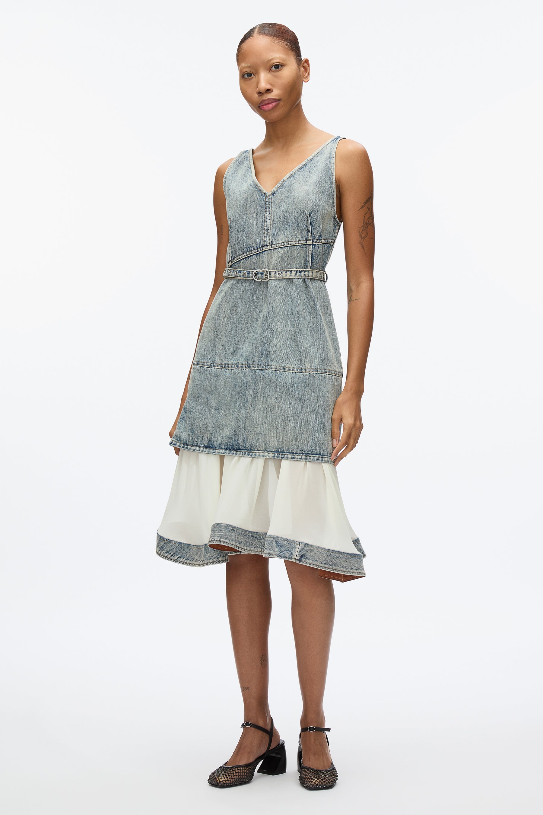 Denim V Neck Dress with Chiffon Hem - 5