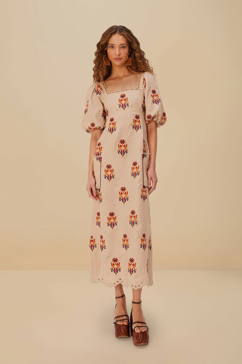 Rose Embroidered Macaw Euroflax™ Premium Linen Maxi Dress 1