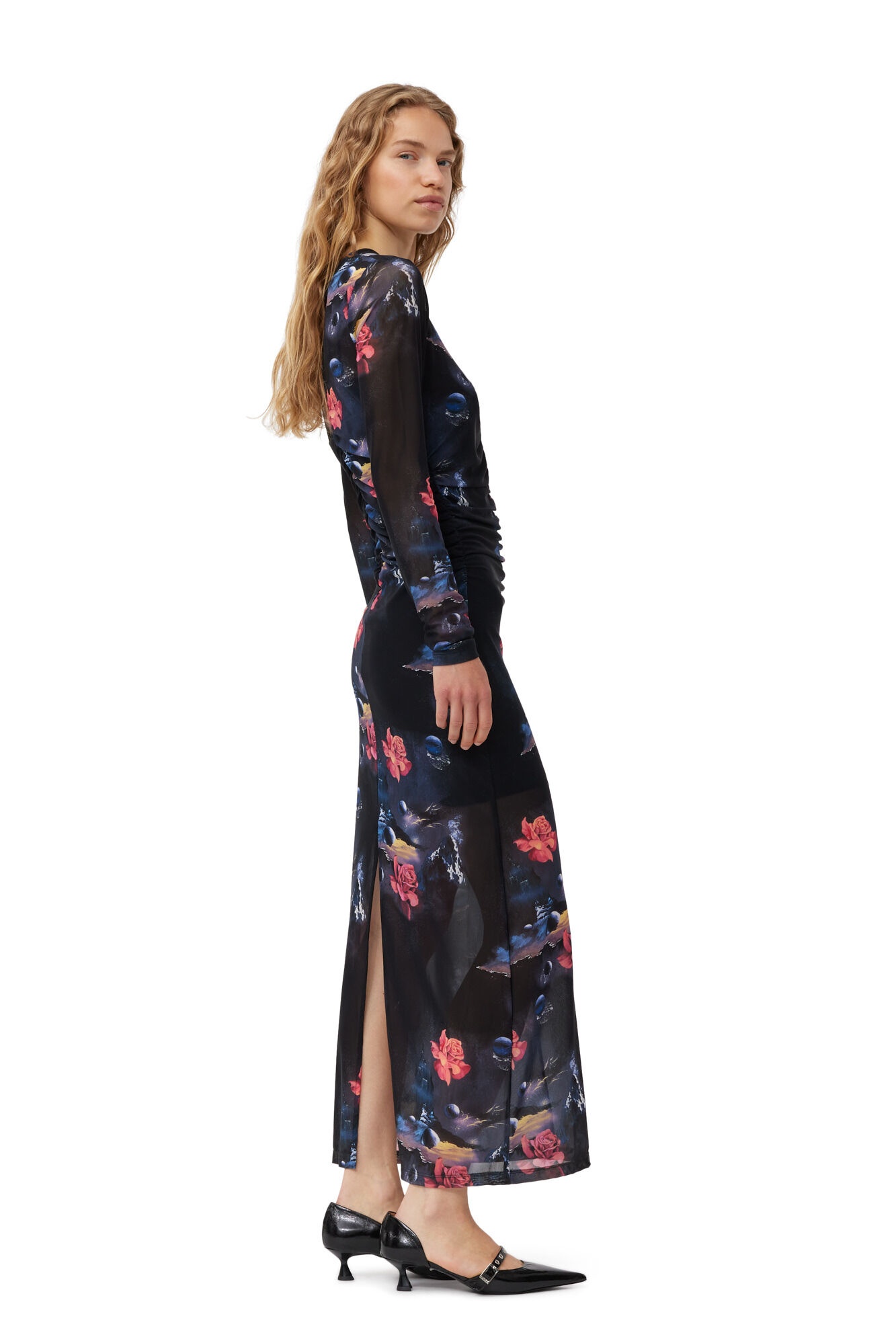 PRINTED MESH O-NECK RUCHED LONG DRESS - 4