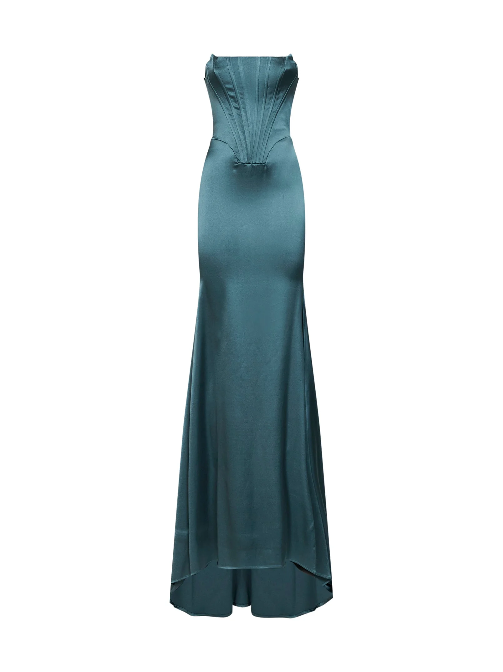 Teal blue stretch satin long bustier dress - 1