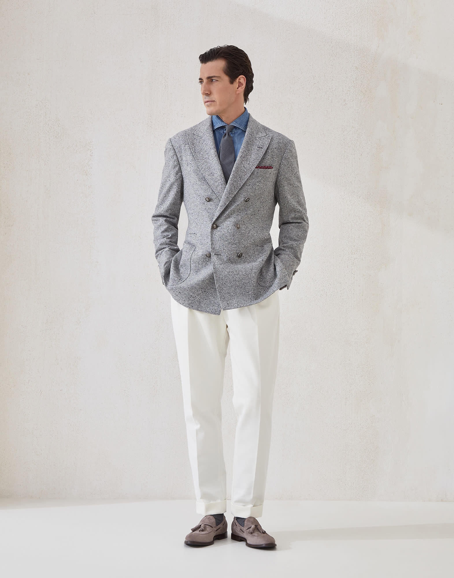 Wool and cashmere flecked grisaille one-and-a-half breasted deconstructed blazer with patch pockets  - 5