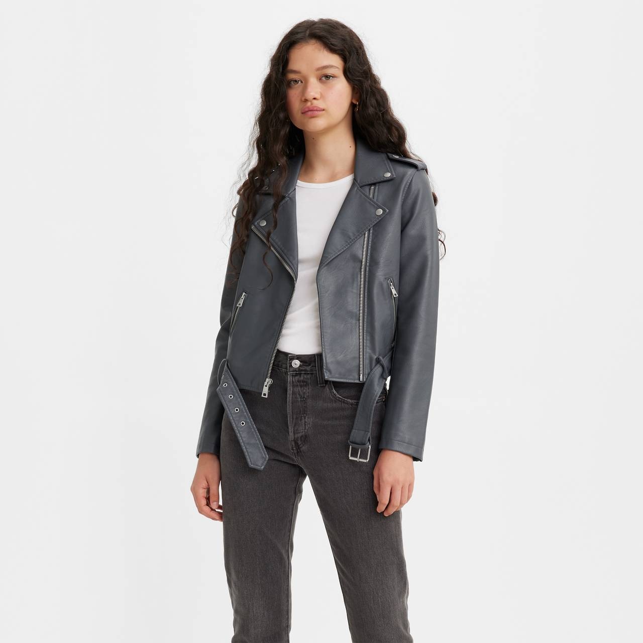 BELTED FAUX LEATHER MOTO JACKET - 1