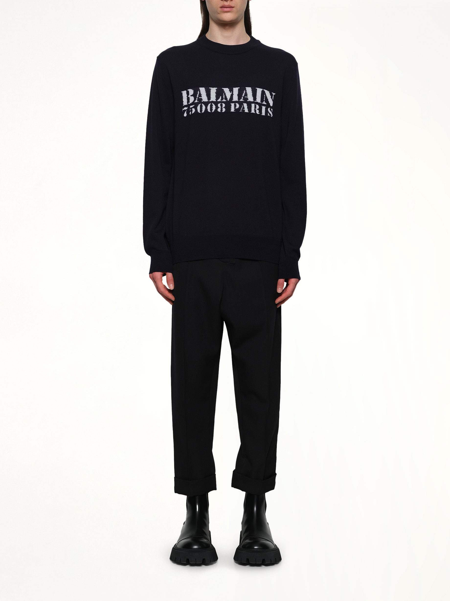 Balmain Big Stamp Knit Sweater in Navy/White - 7