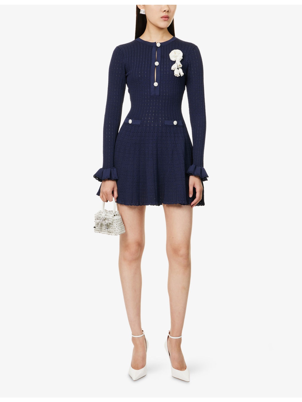 Pointelle Crochet-Embellishment Knitted Mini Dress - 2