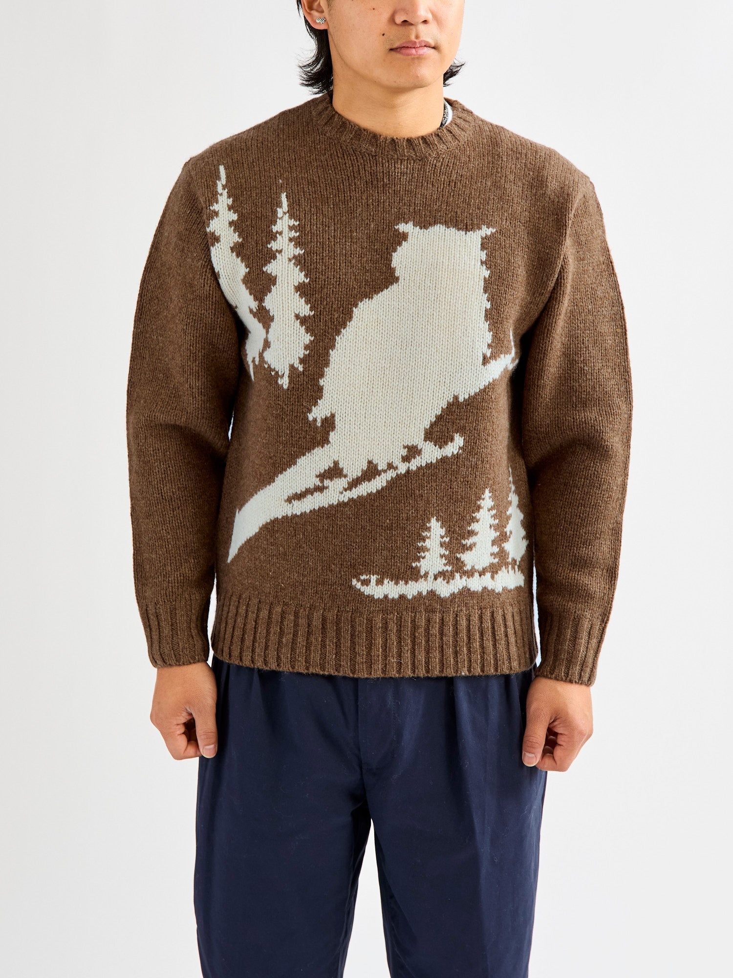Intarsia 3-Gauge Crewneck Sweater in Brown - 2