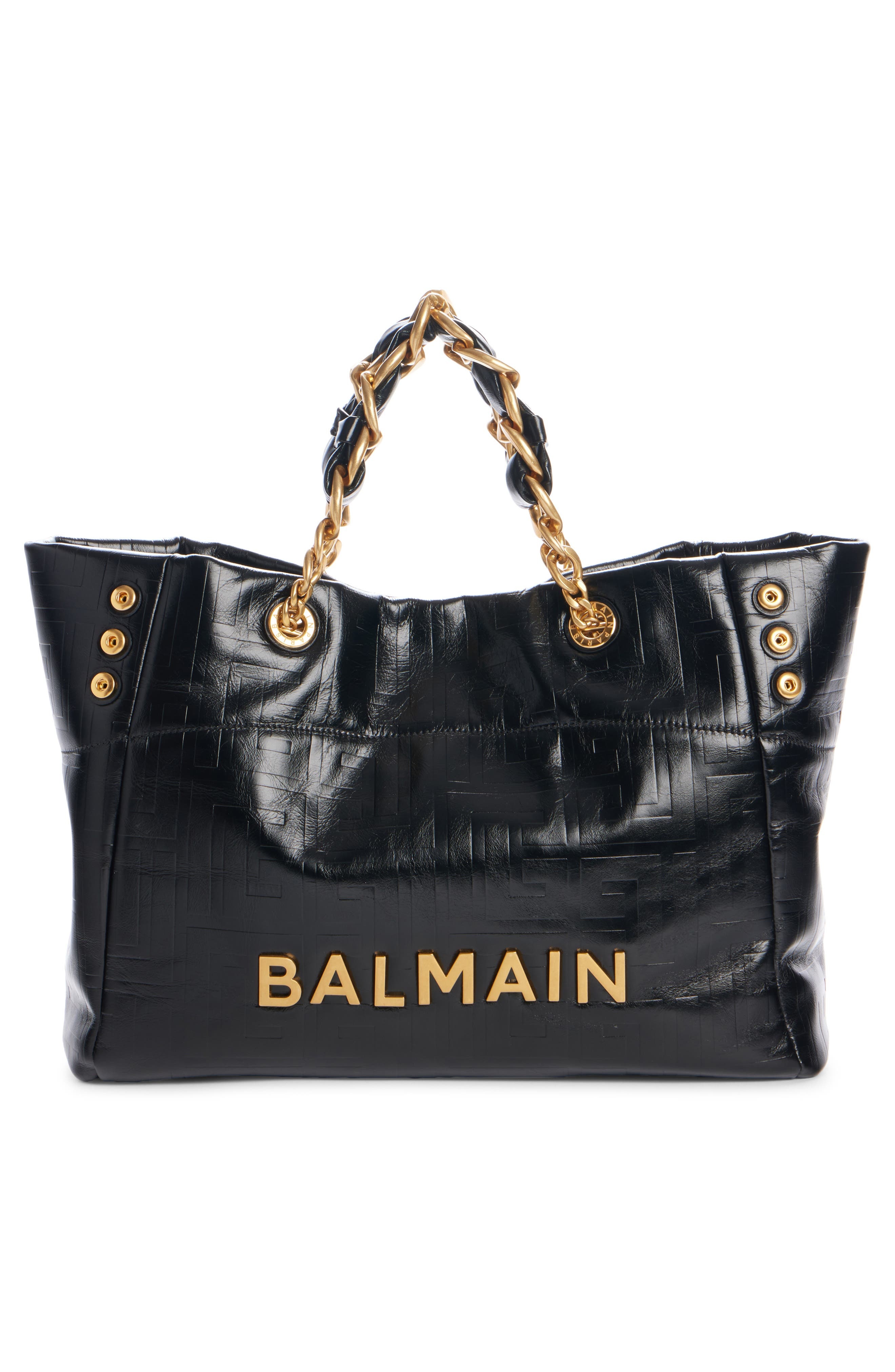 Balmain Small 1945 Monogram Embossed Soft Leather Tote in 0Pa Black at Nordstrom - 7