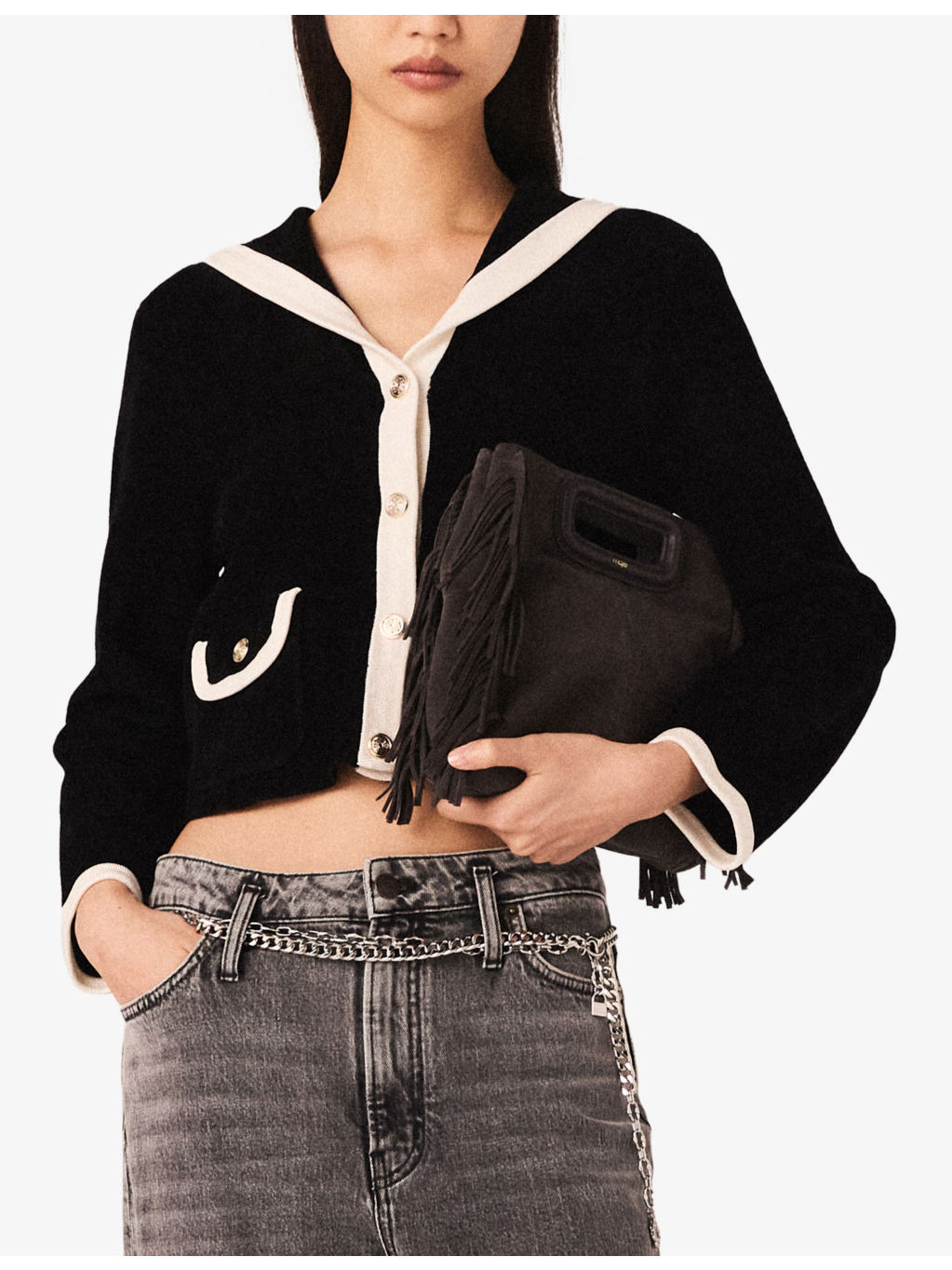 Sailor-Collar Button-Down Stretch-Velvet Cardigan - 6