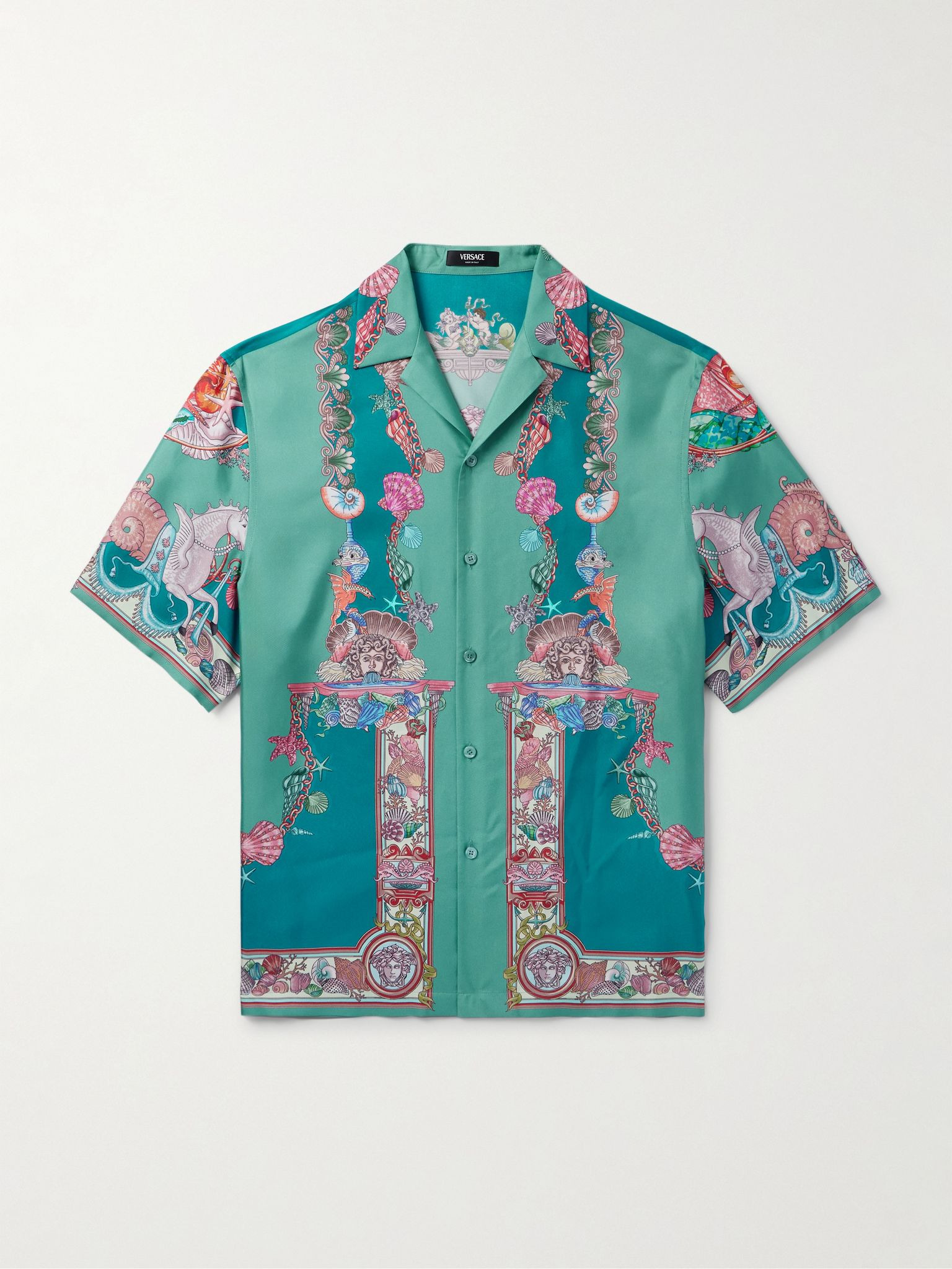 Camp-Collar Printed Silk-Twill Shirt Green - 1