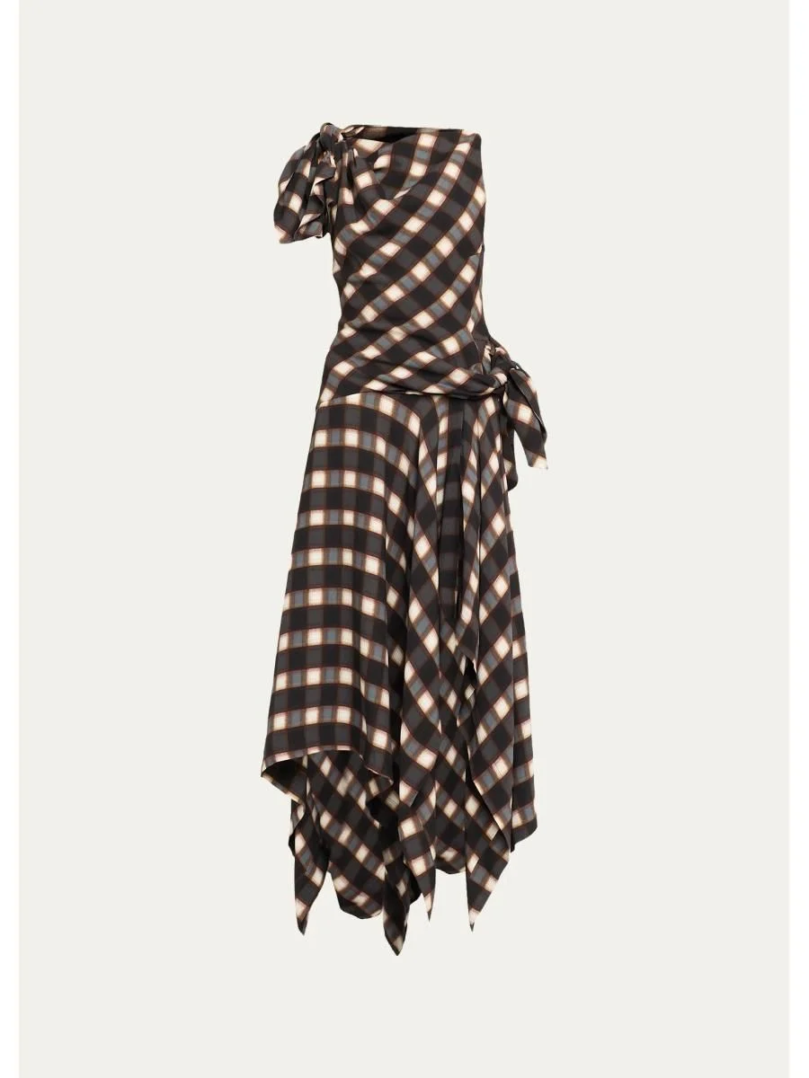 Knotted Plaid Silk Midi Dress - 1